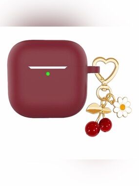 Cherry Charm AirPods 4 Case - Burgundy Silicone with Gold Keychain